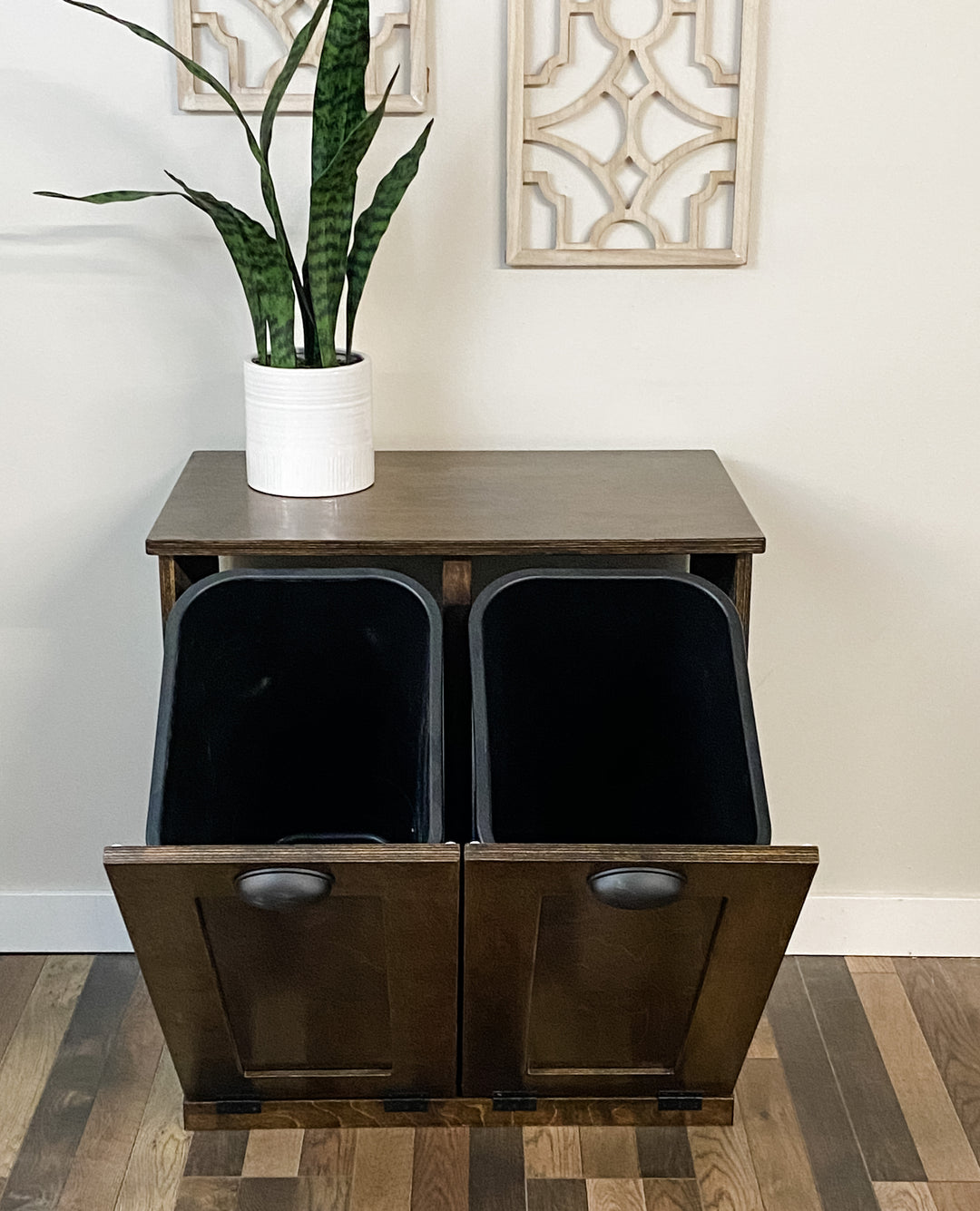 Furniture style slim double trash cabinet in dark brown