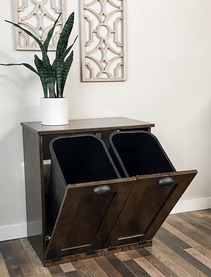Furniture style slim double trash cabinet in dark brown